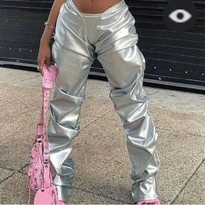 Silver metallic low rise stacked pants (never worn)